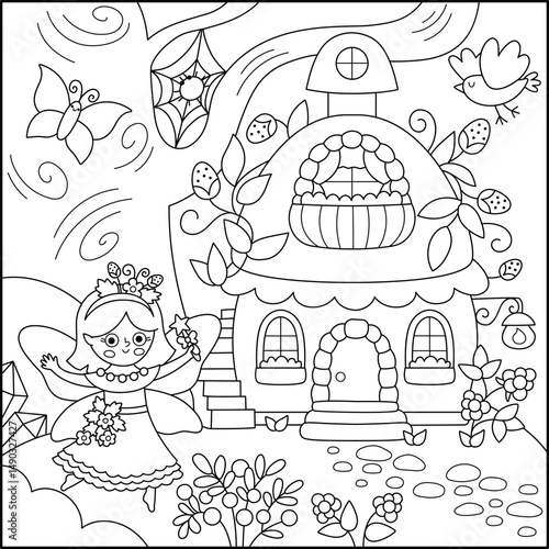 Vector black and white square fairyland background with berry fairy, strawberry house. Magic land line landscape. Woodland scenery with princess. Fantasy forest scene illustration, coloring page