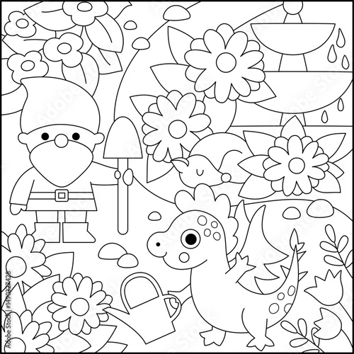 Vector black and white square fairyland background with garden gnome, flowers, dragon, sleeping fox, fountain. Magic land line landscape. Fantasy forest scene illustration, coloring page
