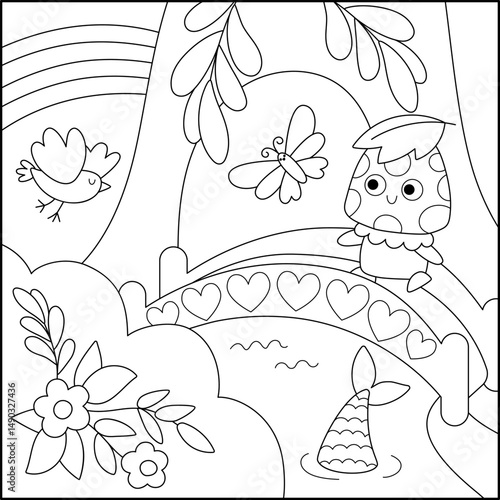 Vector black and white square fairyland background with mushroom, bridge, mermaid tail. Magic land line landscape. Woodland scenery. Fantasy forest scene illustration, coloring page