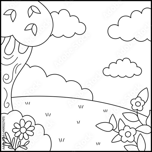 Vector black and white square nature backgrounds. Country, farm or village line landscape. Cute scenery with meadow, tree, bushes, sky, flowers. Forest or woodland scene illustration, coloring page