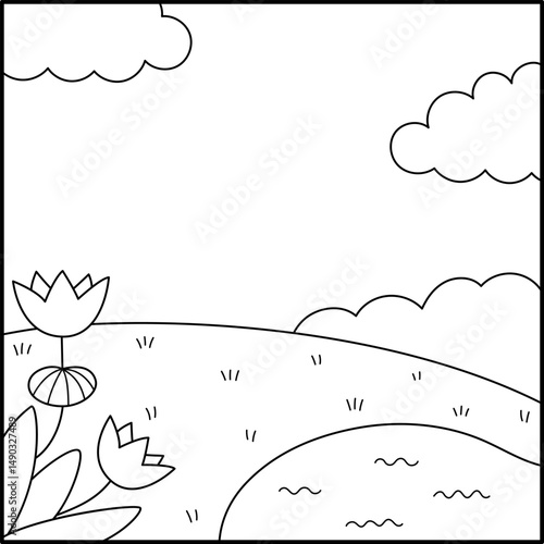 Vector black and white square nature backgrounds. Country, farm or village line landscape. Cute scenery with meadow, tree, bushes, sky, flowers. Forest or woodland scene illustration, coloring page