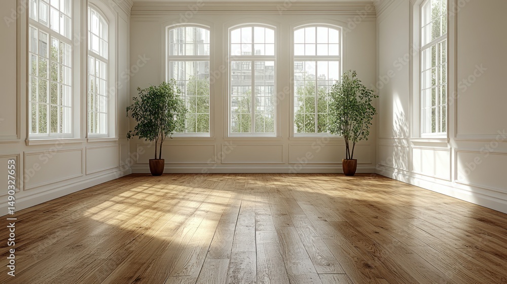 Obraz premium Sunlit Spacious Room with Hardwood Floor and Large Windows