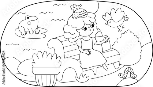 Vector black and white scene with acorn fairy sitting on a bench in park or garden, feeding bird. Line composition with girl. Scenery with magic princess. Fantasy scene illustration, coloring page