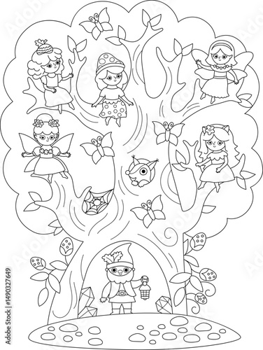 Cute black and white landscape with dwarf and woodland fairies sitting on tree branches. Vector fairyland line background. Fantasy forest illustration. Fairytale coloring page