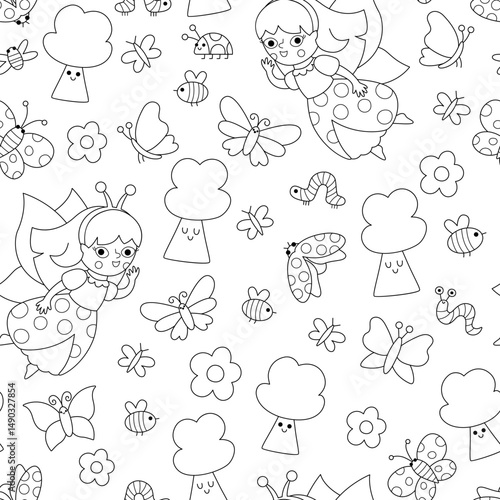 Vector black and white fairy bug seamless pattern. Line repeat background with girl. Woodland princess digital paper. Fantasy forest, magic garden coloring page with fairytale creature, butterfly