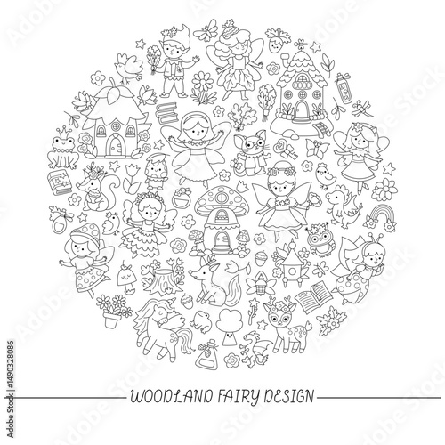 Vector black and white woodland fairy round frame with elf, dwarf, houses, unicorn, dragon, fairytale creature. Magic garden line card template design for banner, invitation, coloring page