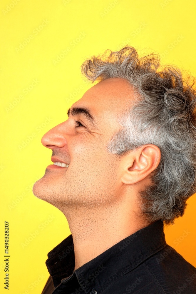 Fototapeta premium A midlife gentleman with grace and sophistication. Yellow solid background. Trendy men's wavy fringe haircut - midlife middle eastern man with middle hair. Creative of style for aging men.