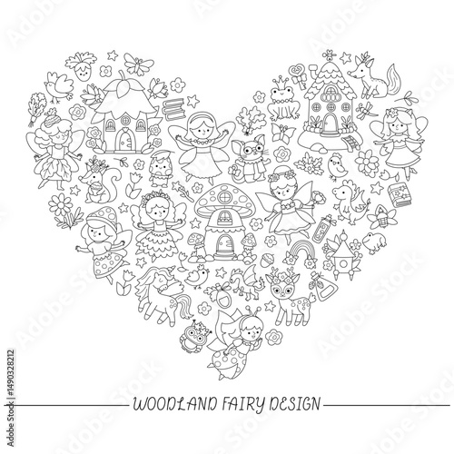 Vector black and white woodland fairy heart shaped frame with elf, dwarf, houses, unicorn, dragon, fairytale creature. Magic garden line card template design, coloring page with love concept