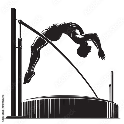 Pole Vault Silhouette line art vector illustration on white background