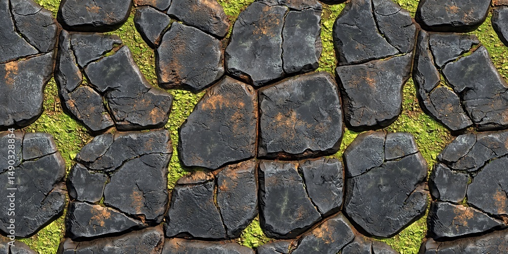 Fototapeta premium Seamless texture of cracked black stones with moss, providing a natural look