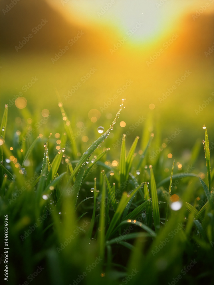 Fototapeta premium Morning dew glistens on green grass as sunlight breaks through the horizon in a tranquil outdoor setting