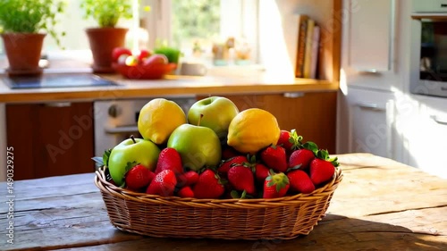 Wallpaper Mural Abundance of fresh fruits, strawberries, lemons, and green apples in a wicker basket on a wooden kitchen table near a sunny window. Torontodigital.ca