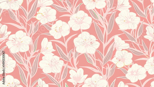Delicate Floral Print Seamless Pattern on Coral Background. A beautiful seamless pattern featuring stylized flowers and leaves in soft, pastel shades of white and blush pink on a coral background.