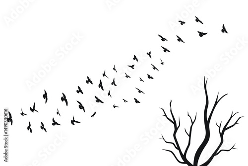 Silhouette sketch of a flock of flying birds