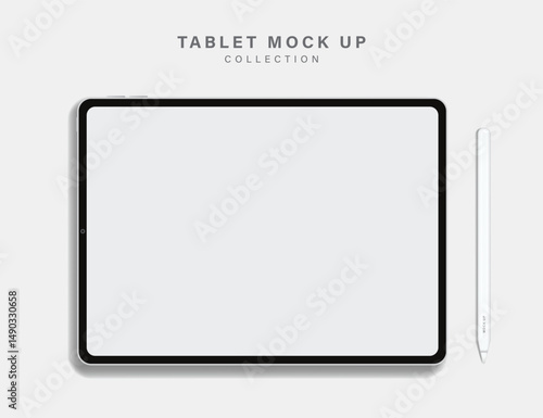 Realistic 3d tablet screen mockup and tablet pencil with shadow on top of devices for web, UI UX and application banner template. Vector illustration