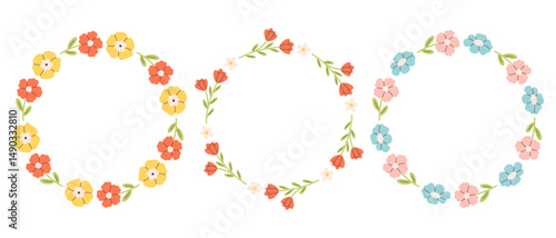 Floral simple circle frame. Hand drawn botanical round border, floral wreath, laurel. Design for invitation, card, banner, logo. Vector illustration in flat style