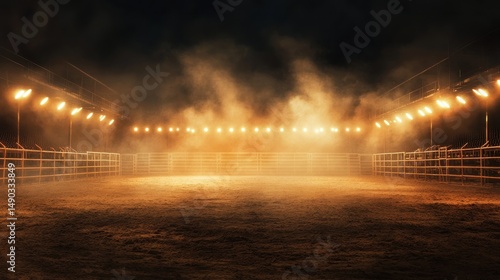Empty rodeo arena at night, illuminated by warm lights and shrouded in fog.