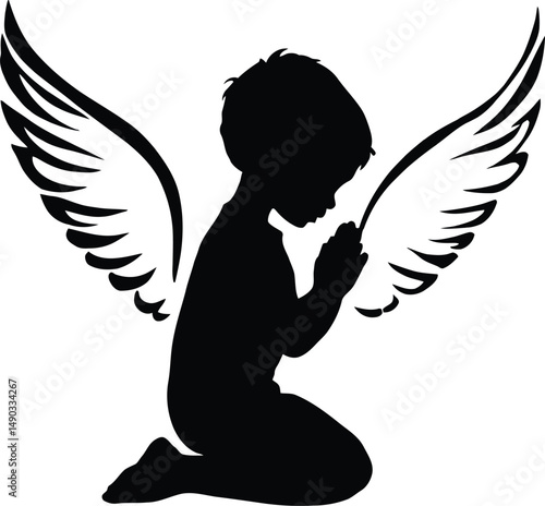 Angelic Child Praying Silhouette Featuring a Kneeling Figure with Large, Feathered Wings, Hands Clasped in Devotion, and a Serene Expression, Representing Innocence, Spirituality, and Divine 