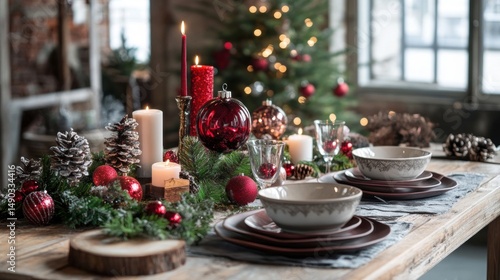 Festive Christmas Table Setting with Ornaments, Candles and Bowls