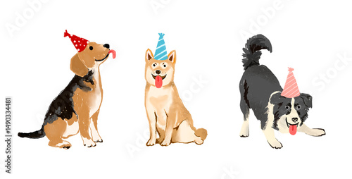 Obraz na plátne Hand drawn illustration of a dog, pet, wearing a party hat, celebrating, having