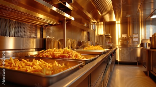Golden Crispy French Fries in Modern Commercial Kitchen Environment
