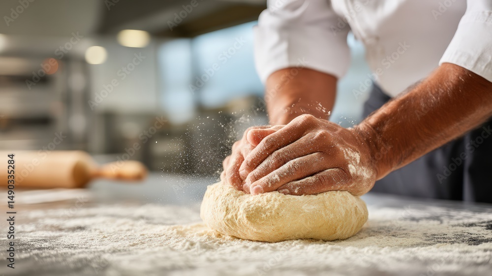 Hands Kneading Fresh Dough in Floury Kitchen Environment Hands Kneading Fresh Dough in Floury Kitchen Environment