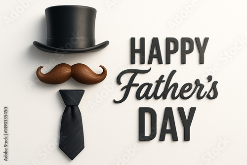 Happy fathers day greeting card design with top hat mustache and tie