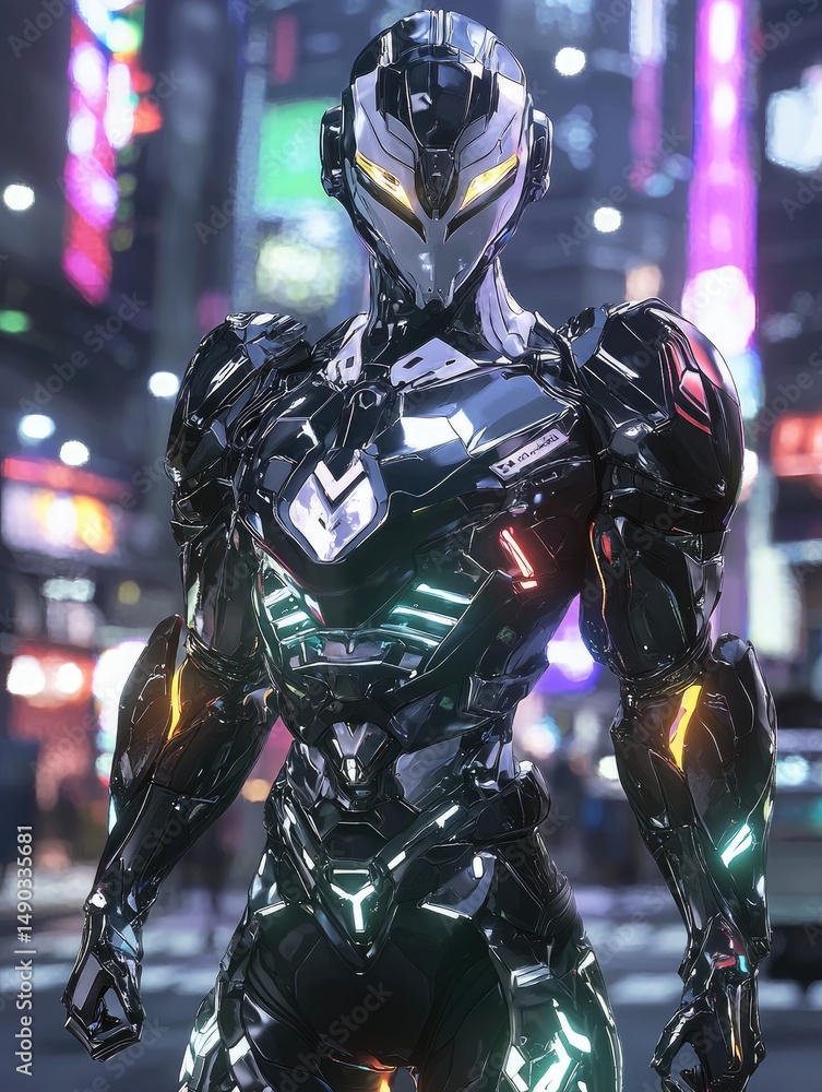 Futuristic robotic figure in a city at night. Futuristic robotic figure in a city at night.