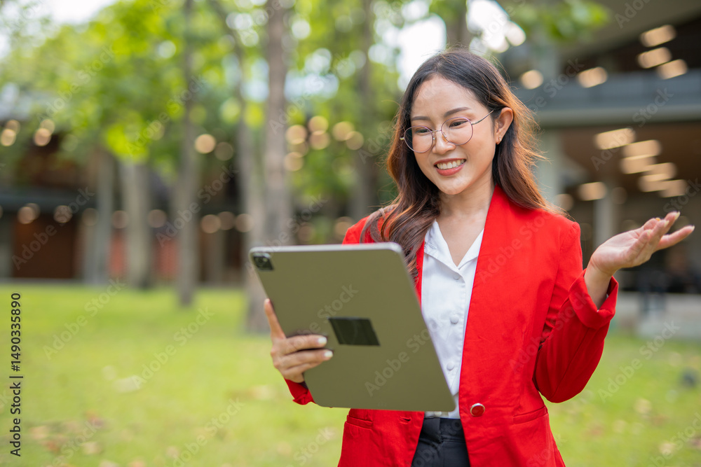Fototapeta premium Asian businesswoman standing in front of modern business building and using tablet to work.