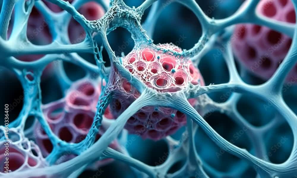 Intricate close-up of colorful cellular structures showcasing biological networks and details