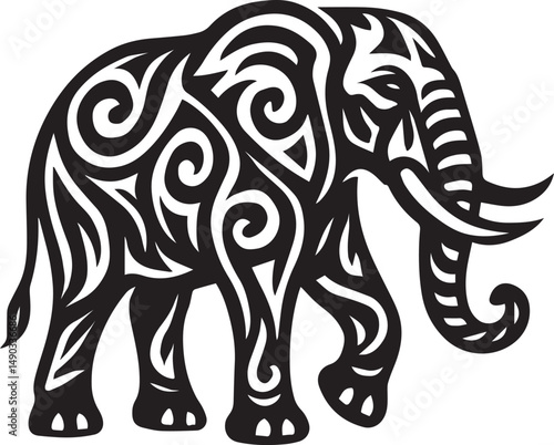 "Tribal Elephant Vector Illustration – Ornamental Animal Tattoo Design in Black and White"