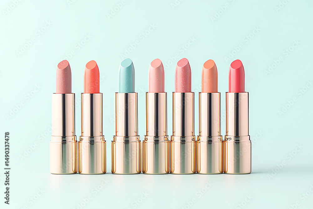 Pastel Lipsticks Row with Beauty Products. Pastel Lipsticks Row with Beauty Products.