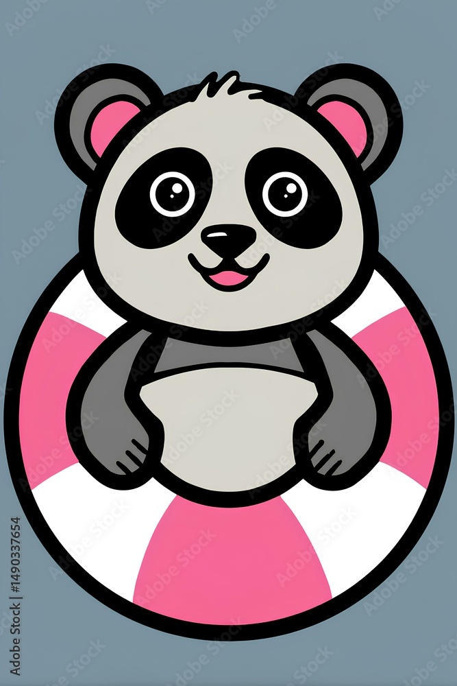 Naklejka premium Cute cartoon panda character floating in a pink and white lifebuoy, smiling joyfully against a soft blue background, perfect for children's illustrations and playful designs