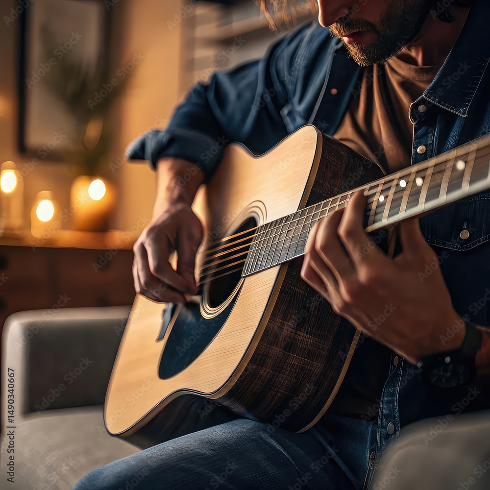 Fototapeta premium Man Playing Acoustic Guitar Indoors , Close-Up of Hands and Strings