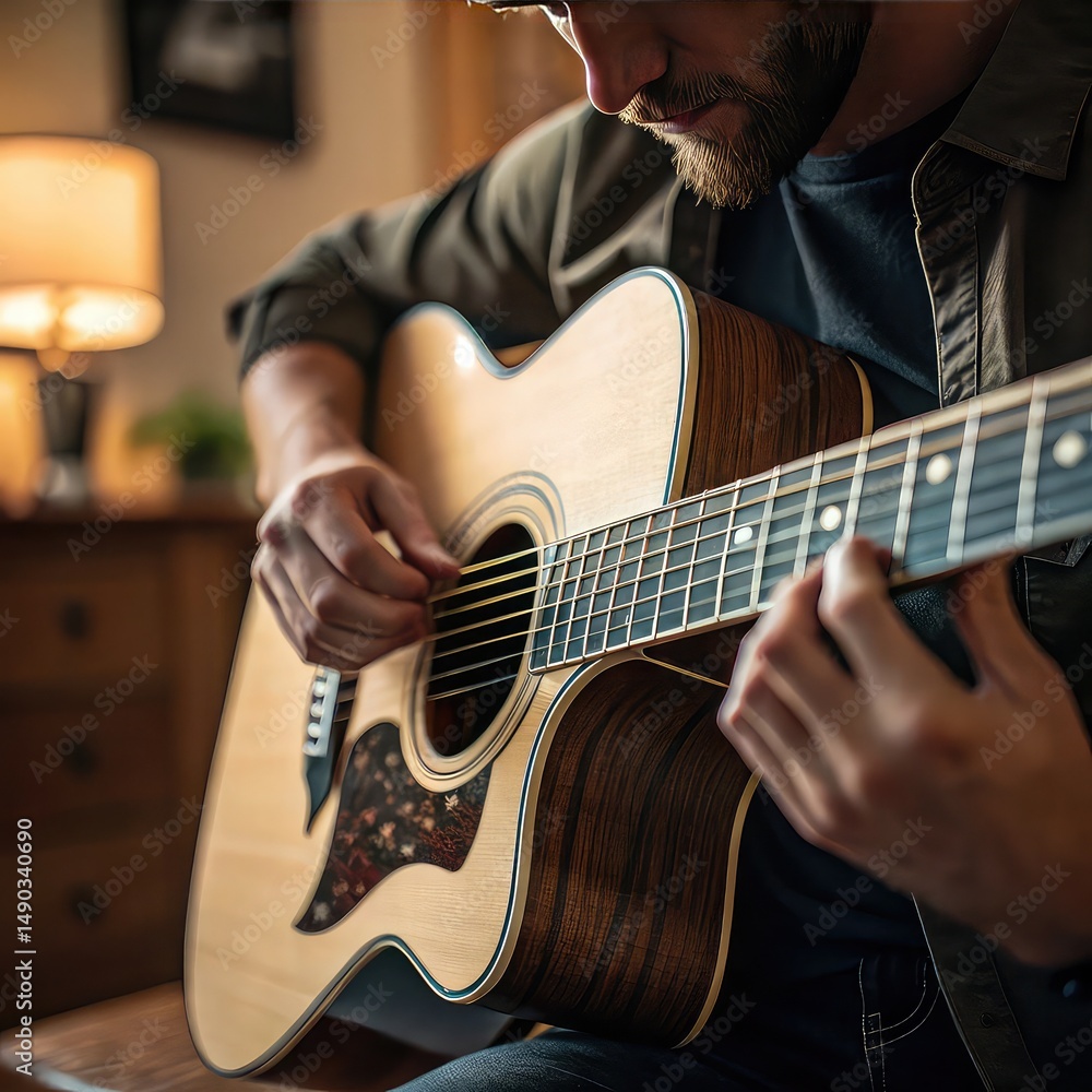 Fototapeta premium Man Playing Acoustic Guitar Indoors , Close-Up of Hands and Strings