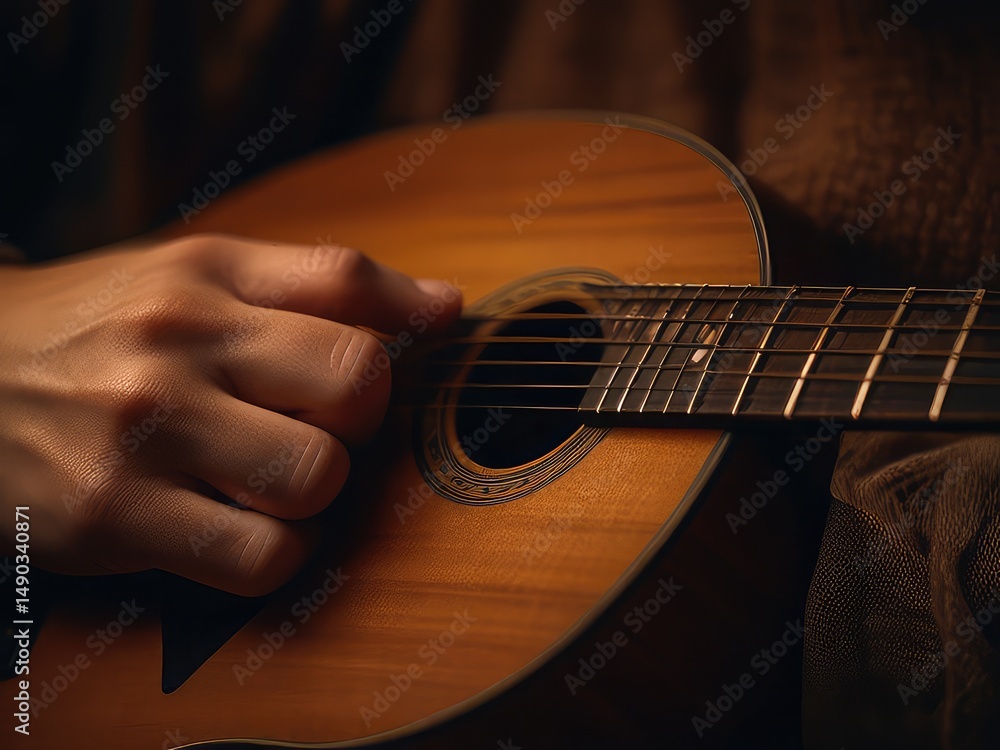 Fototapeta premium Man Playing Acoustic Guitar Indoors , Close-Up of Hands and Strings
