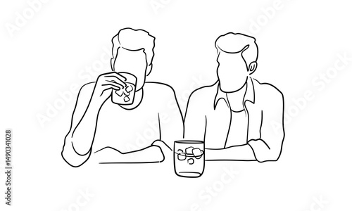 Two men drinking beer, male friendship continious line drawing. Beer party. Vector illustration	