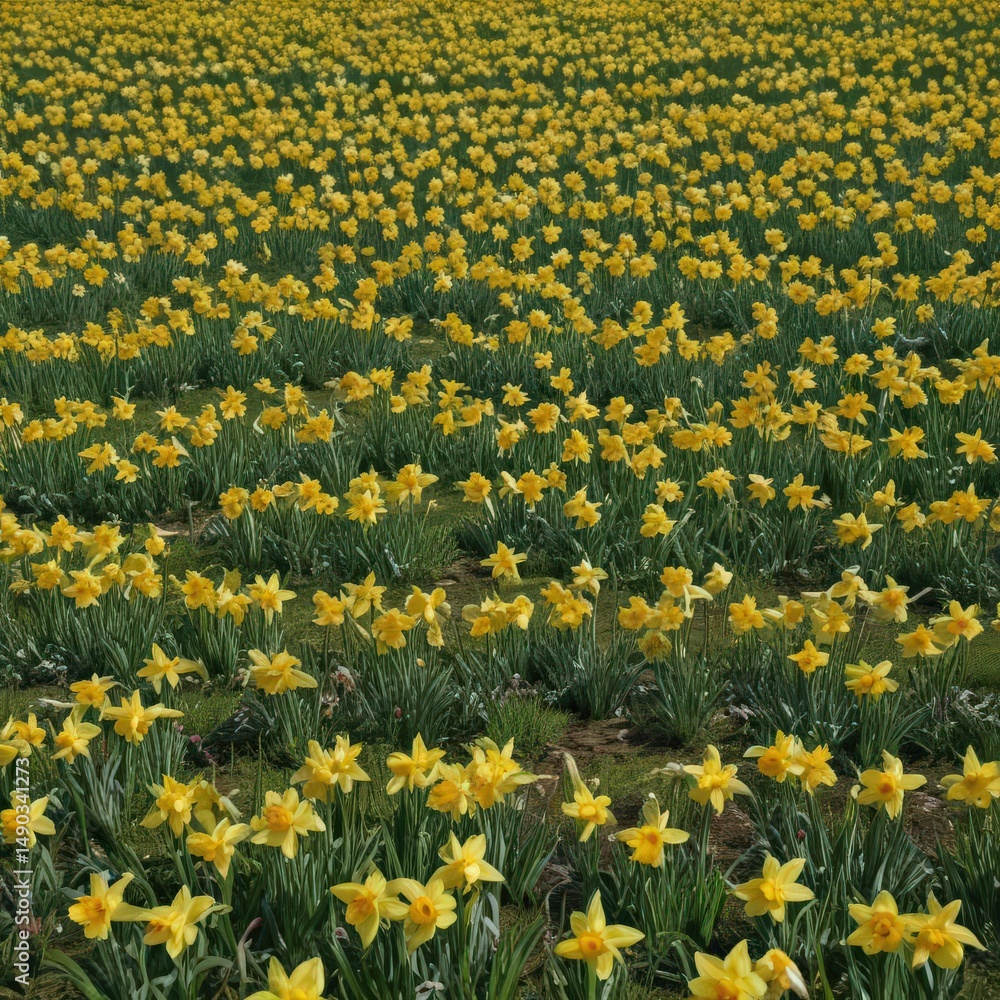 Fototapeta premium A carpet of cheerful daffodils blankets the lush green spring field , day, freshness, vibrant