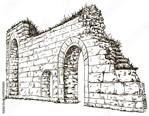 Hand draw ruins old building or ancient castle isolated on white background. Architecture sketch. Ruined tower