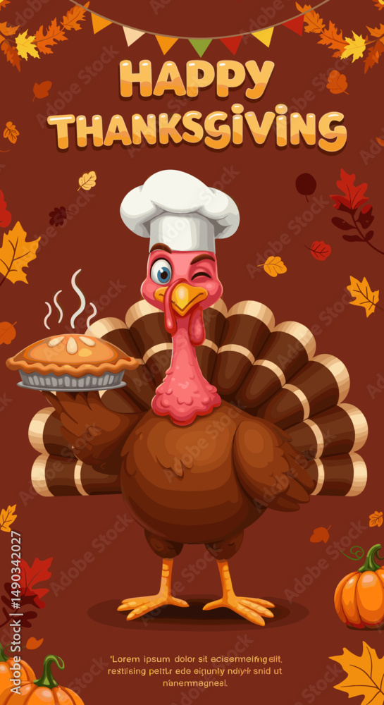 Fototapeta premium Whimsical autumn elements like pumpkins, leaves, and turkeys bring Thanksgiving vibes to life.