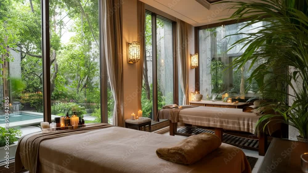 Elegant spa space featuring two massage beds, flickering candles, and large windows opening to a serene garden and pool view, creating an atmosphere of relaxation and rejuvenation.