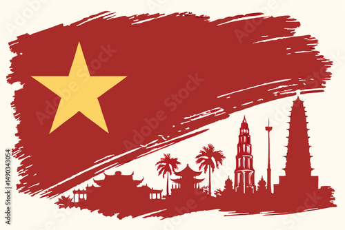 Vietnam flag iconic landmarks brushstrokes design