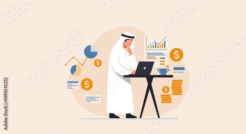 Arab Businessman Analyzing Financial Data on Laptop with Charts and Statistics in Beige Background