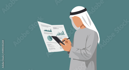 Arab Businessman Analyzing Financial Reports Using Digital Tablet in Minimalist Style Against Teal Background