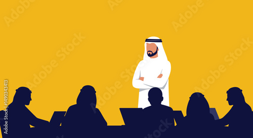 Arab Businessman Leading Meeting With Colleagues Silhouetted Against Yellow Background
