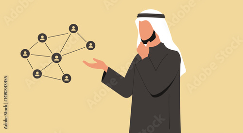 Arab Businessman Presenting Digital Network Concept in Monochrome Colors