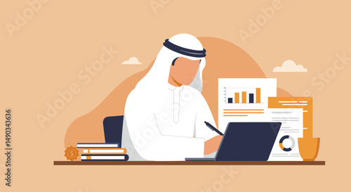 Arab Businessman Working On Laptop At Desk With Documents And Financial Chart Analysis
