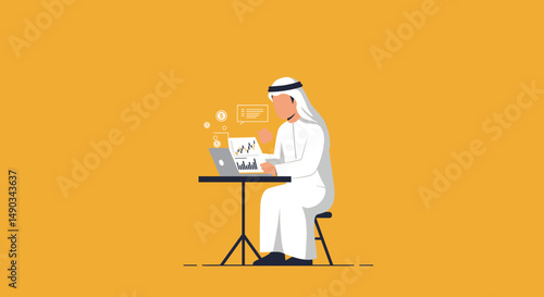 Arab Businessman Working On Laptop At Desk In Yellow Background