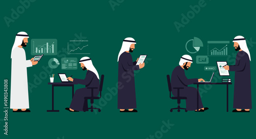 Arab Businessmen Working With Digital Devices Presenting Data On Various Screens In A Green Background