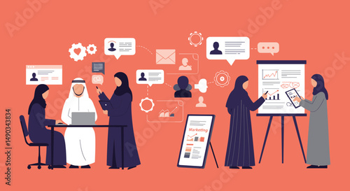 Arab Businesswomen And Man In Meetings Presenting Data And Charts In Modern Flat Illustration Style On Red Background